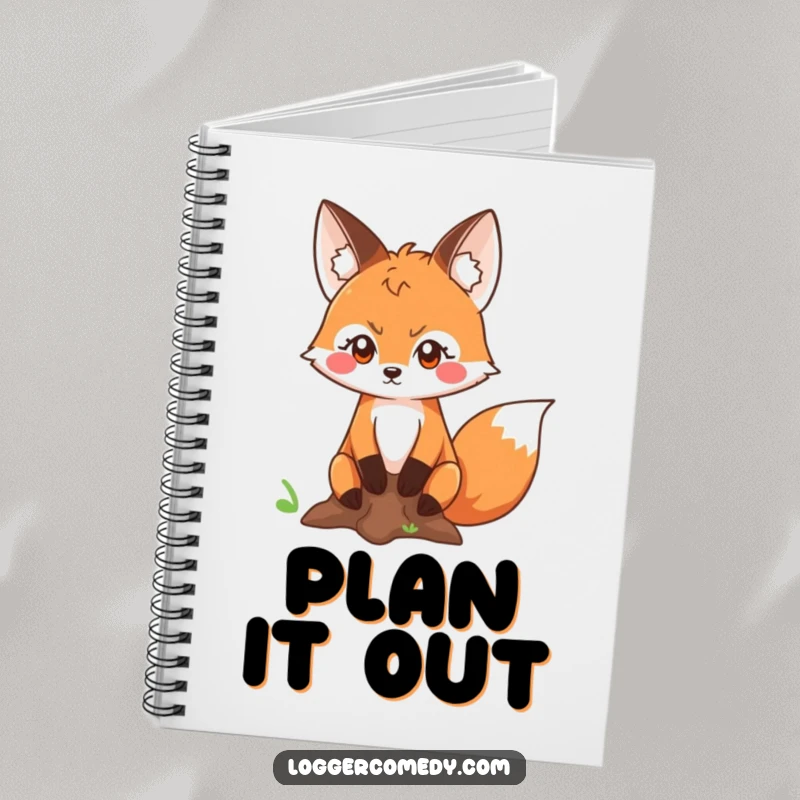 Funny Kawaii fox with a determined look measuring a tree trunk, on the cover of a notebook, inspiring precise planning and focused creativity.