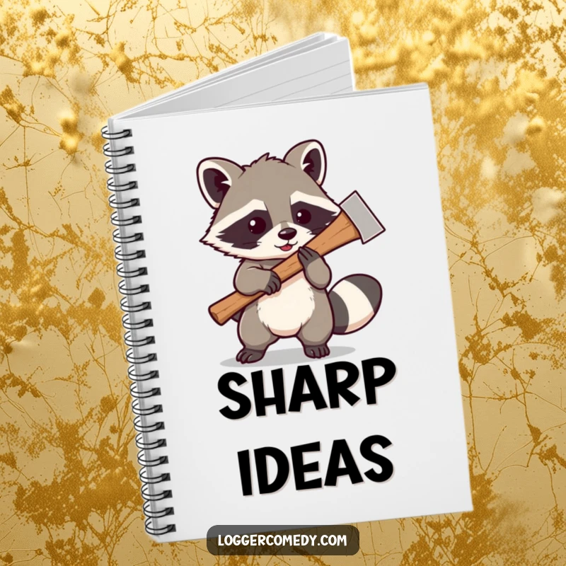Funny Kawaii raccoon playfully swinging a large axe, on the cover of a notebook, inspiring creative plans and mischievous thoughts.