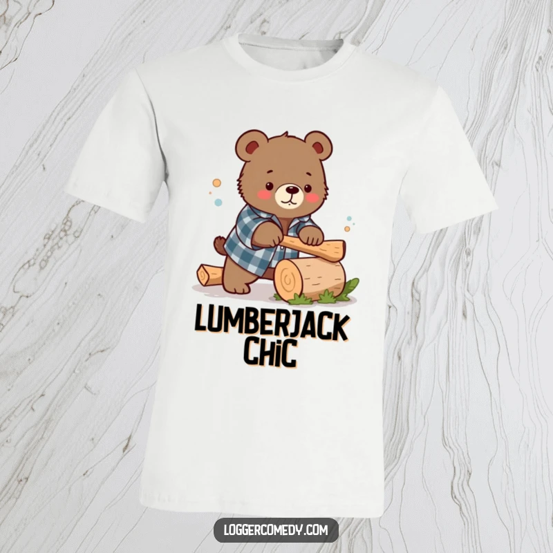 Funny Kawaii bear wearing a flannel shirt, humorously chopping a small log, on a t-shirt, perfect for lumberjack enthusiasts and humor seekers.