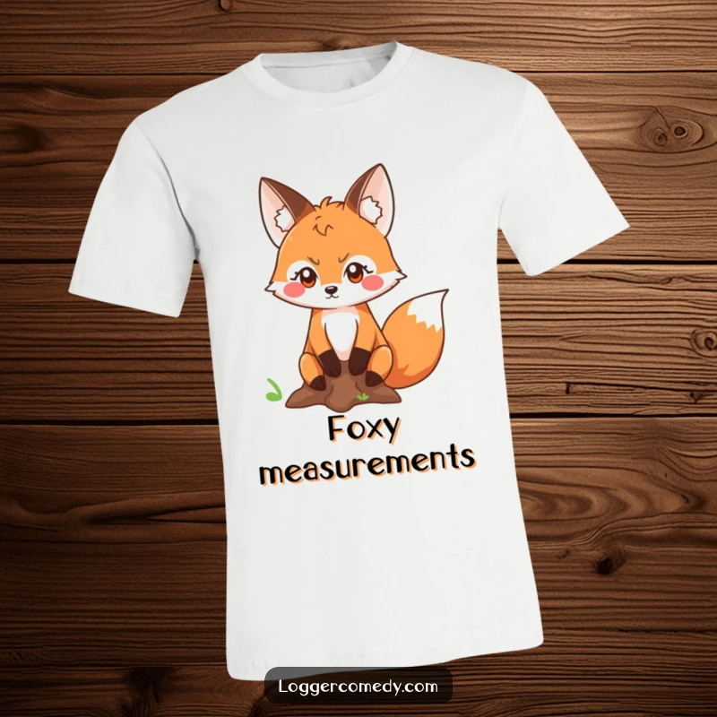 Funny Kawaii fox with a determined look measuring a tree trunk, on a t-shirt, embodying focus and woodland exploration with a humorous twist.