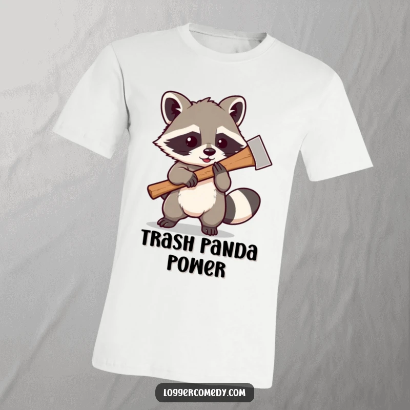Funny Kawaii raccoon playfully swinging a large axe, depicted on a t-shirt, perfect for those who enjoy humor and unique animal designs.