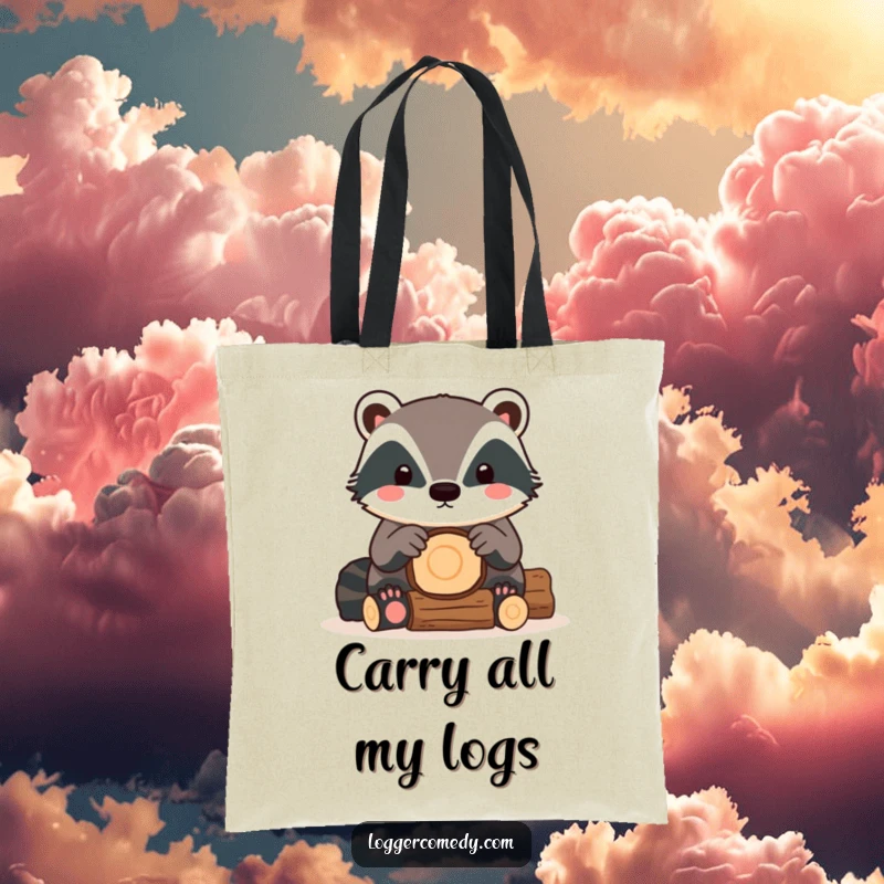 Funny Kawaii Badger Tote Bag with a cute badger carefully stacking logs, perfect for carrying groceries or daily items.