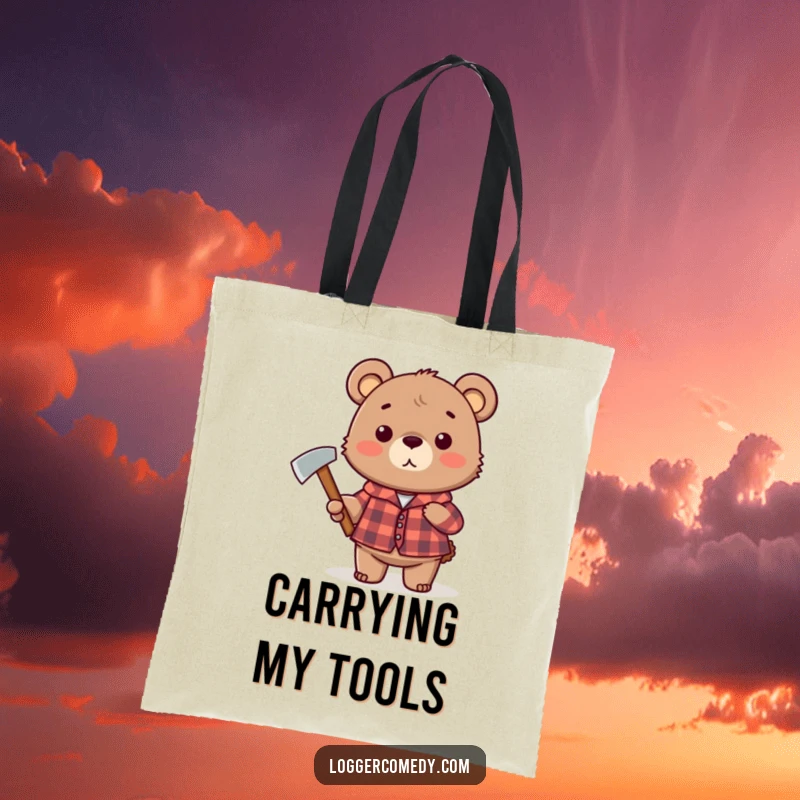 Funny plaid bear tote bag, humorously carrying an axe, designed for those who like their adventures with a side of laughter.