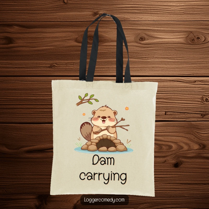 Funny Kawaii beaver enthusiastically building a small dam with twigs, on a durable tote bag, perfect for carrying essentials with a smile.