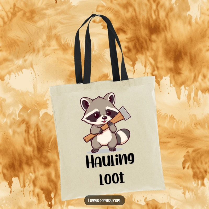 Funny Kawaii raccoon playfully swinging a large axe, on a durable tote bag, perfect for carrying belongings with a bold and humorous statement.