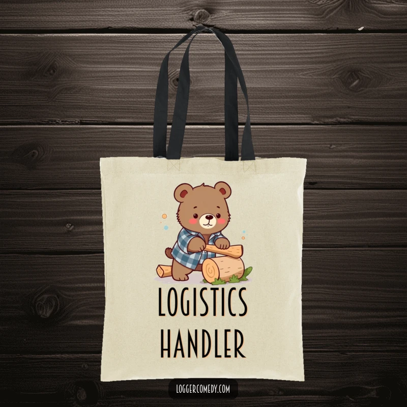 Funny Kawaii bear in a flannel shirt humorously chopping a small log, printed on a sturdy tote bag, a practical and funny accessory.